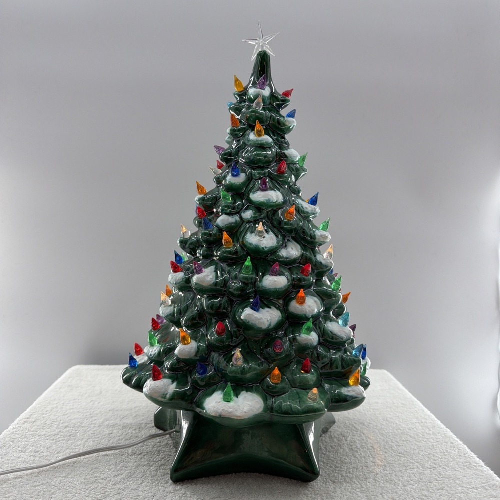 19 In Ceramic Christmas Tree With Snow And All Lights Made 1986 Handmade Perfect